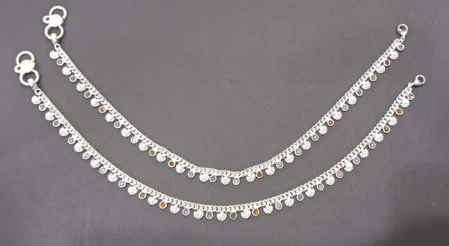 Traditional & Designer Multicolour stone Silver Anklets